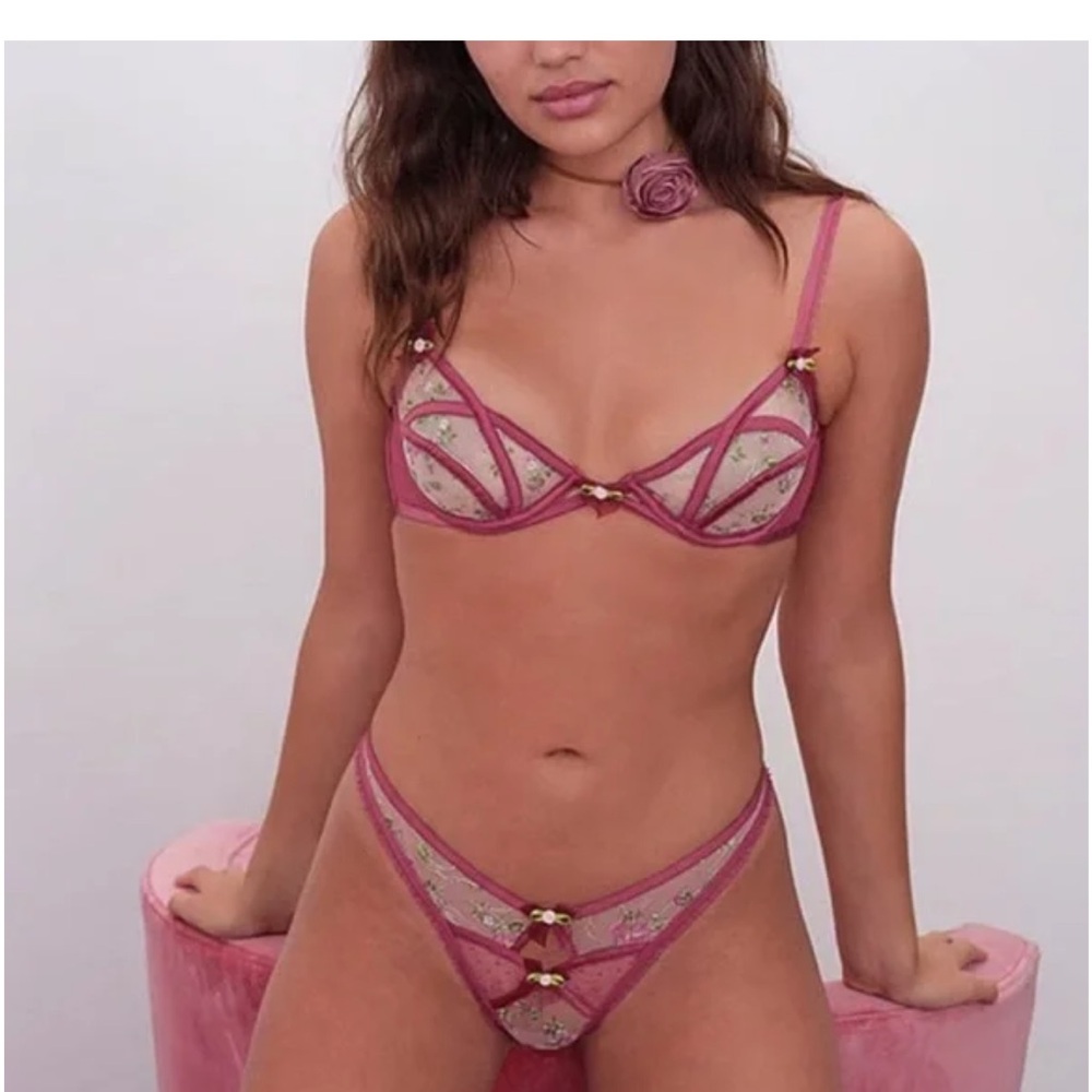 For Love And Lemons Pink and Cream Floral Bra Set